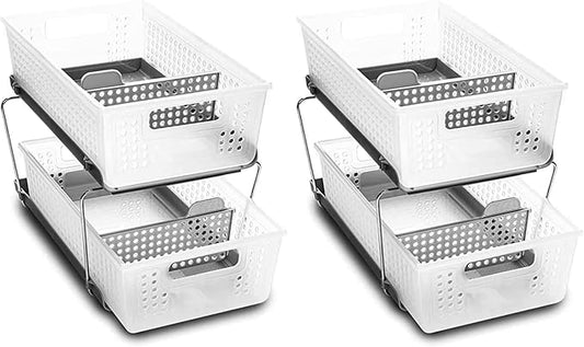 madesmart 2 Tier Bath Organizer,Undersink Storage with Sliding Drawers,for Cleaning Supplies, Pantry, Sponges,Bottles&Kitchen Essentials,Adjustable Dividers&Pull Out Sliding Baskets,Frost, (Pack of 2)