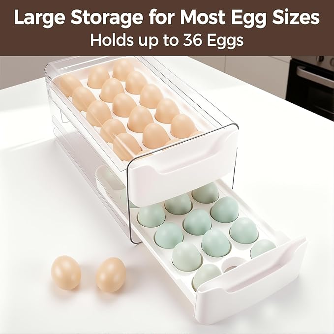36-Egg-Holder for Fridge, Egg-Storage for Refrigerator Countertop, 2 Tier Dispenser with Drawer, Stackable Clear Egg Tray Container, Egg Organizer, Fits Large Eggs, White