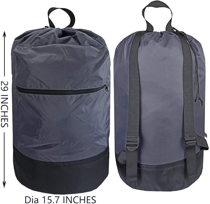 Washable Laundry Bag Backpack with Zipper Pocket, Heavy Duty Clothes Bag, 2 Strong Adjustable Shoulder Straps with Drawstring Closure for Travel, Camping or College, Grey