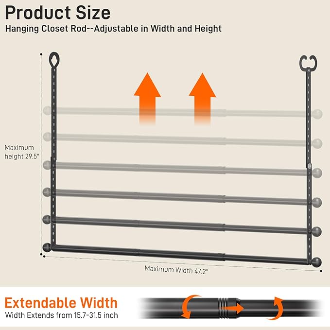 SUTINE Closet Rods for Hanging Clothes, Adjustable Closet Extender Hanging Rod, Space-Saving Closet Rod Extender Clothes Hanging Bar, Closet Poles for Hanging Clothes Organizer (Black, 31.5-47.2 IN)