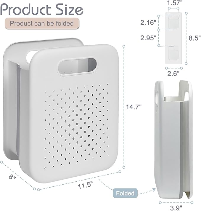Goderewild Collapsible Laundry Basket, Space-Saving Wall-Mounted Hamper, Detachable Hanging Organizer for Home, Dorms, RVs, Measures 11.8" x 8" x 14.7" In (White)