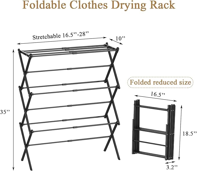 STARLATTA Drying Rack Clothing, 3-Tier Clothes Drying Rack Foldable Use for Indoor & Outdoor Antirust Laundry Drying Rack Collapsible Black 28" L x 35" H x 10" W