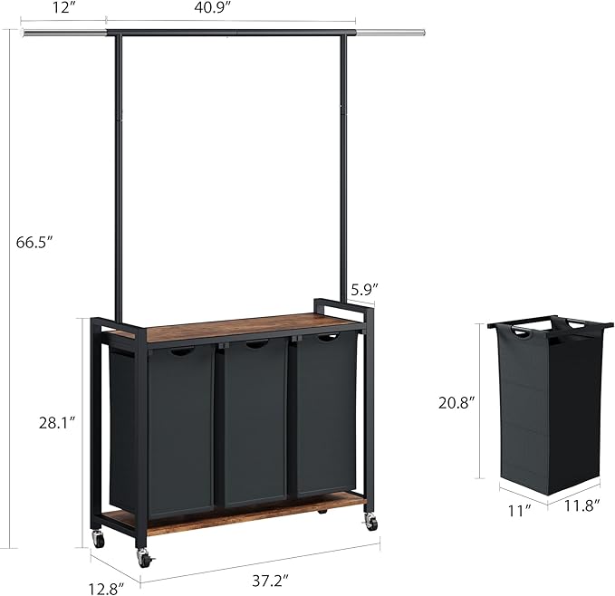 3-Section Laundry Sorter with Shelf, Rolling Laundry Basket with Hanging Rack and Wheels, Heavy Duty Laundry Hamper Rack for Laundry Room, Bedroom, Bathroom, Black
