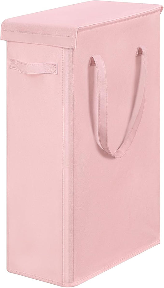 Chrislley 60L Slim Laundry Hamper with Lid Narrow Laundry Basket with Handle Upgrade Foldable Dirty Clothes Hamper Portable Skinny Hamper Organizer Storage Bins (25.6 inches, pink)