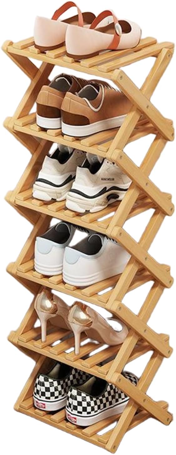 6 Tier Natural Bamboo Shoe Rack,Foldable Space Saving Shoe Storage Organizer,Easy Assembly & Strong Design Shoes Stand Shelf Organiser for Closet (Primary Color, Six Layers)