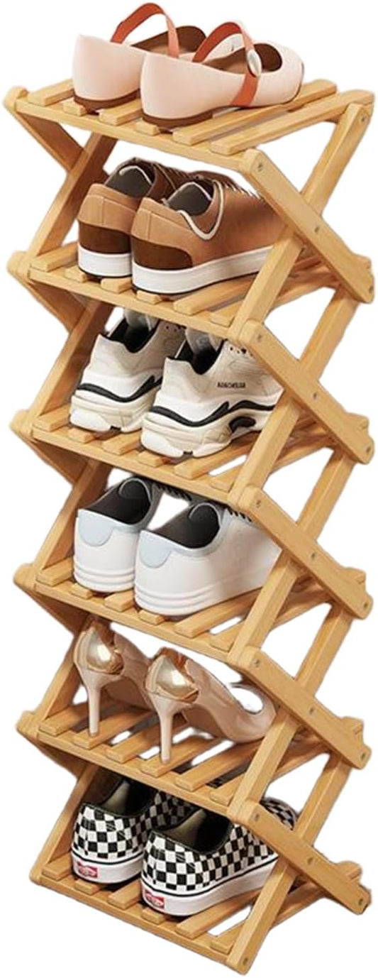 6 Tier Natural Bamboo Shoe Rack,Foldable Space Saving Shoe Storage Organizer,Easy Assembly & Strong Design Shoes Stand Shelf Organiser for Closet (Primary Color, Six Layers)