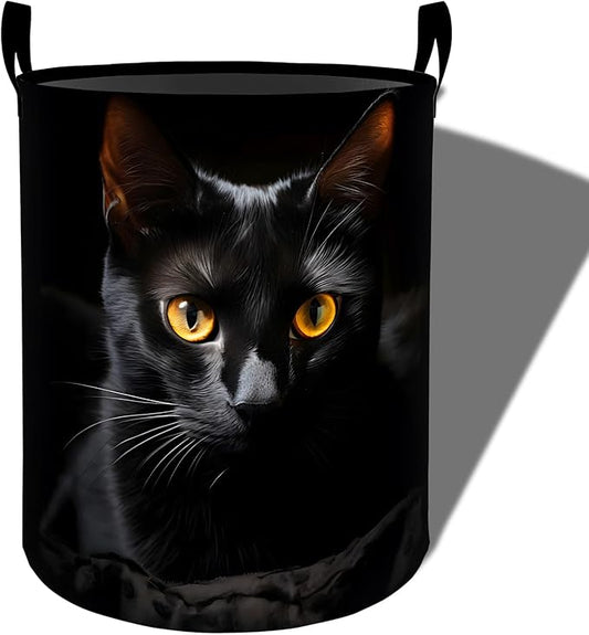 Realistic Black Cat Laundry Basket, Foldable Oxford Cloth, Waterproof Dirty Clothes Hamper with Handles, Clothing Storage Bucket Toy Organizer for Bathroom Bedroom Dorm, 19.7"x15.7"