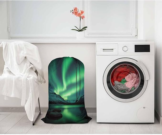Swono Aurora Travel Laundry Bag, Northern Lights Above Coast Galaxy Sky Coast Machine Washable Dirty Clothes Organizer, Large Enough to Hold 4 Loads of Laundry, Easy Fit a Laundry Hamper or Basket