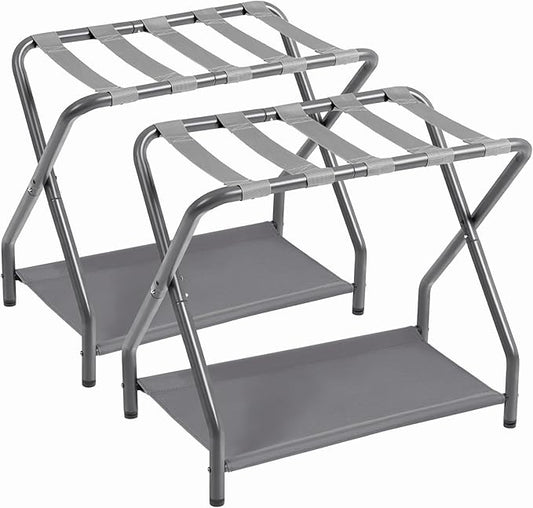 AMHANCIBLE Luggage Rack, Set of 2, Foldable Suitcase Stands for Guest Room, Metal Luggage Holder with Storage Shelf for Bedroom, Hotel, Easy Assemble, HLR02GY