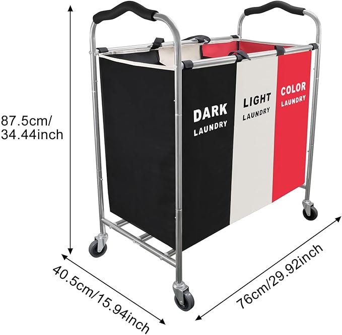 240L Laundry Hamper, Large Blanket Storage Basket Sorter 3 Section Bag Organizer for Dirty Clothes - Toys - Towel,16 X 34 X 35 inch Heavy Duty Laundry Cart Baskets (Black and white Red wheel)
