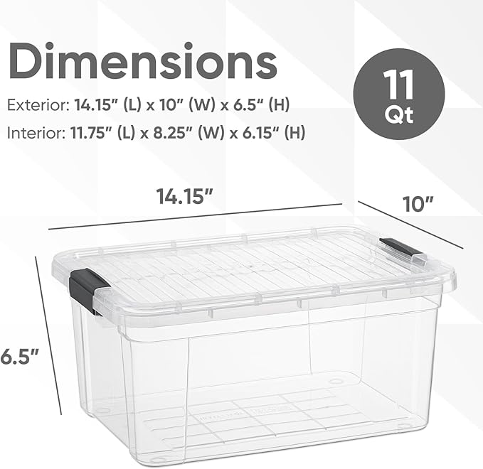 Superio Small Clear Storage Box with Lid, 11 Quart Plastic Container Bins for Organizing, Stackable Crates, BPA Free, Non Toxic, Odor Free, Organizers for Home, Office, School, and Dorm