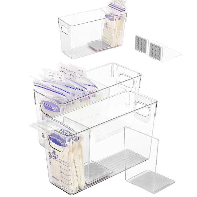 Ugotfeels Breastmilk Storage Container with L Shaped Separator Boards, Dividers Will Flatten Standing Breast Milk Bags in Organizer Bins Save Refrigerator Space | 2 Containers-Gray