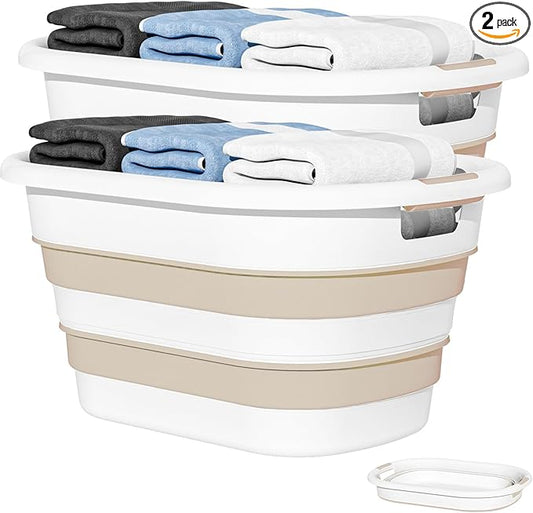 OOAMBB 43L(11.5Gallon) Collapsible Laundry Baskets plastic, Pop Up Laundry hamper/Storage Container, Foldable Laundry Basket with Large Capacity,Sturdy,Space Saver (Beige, 2 Packs)