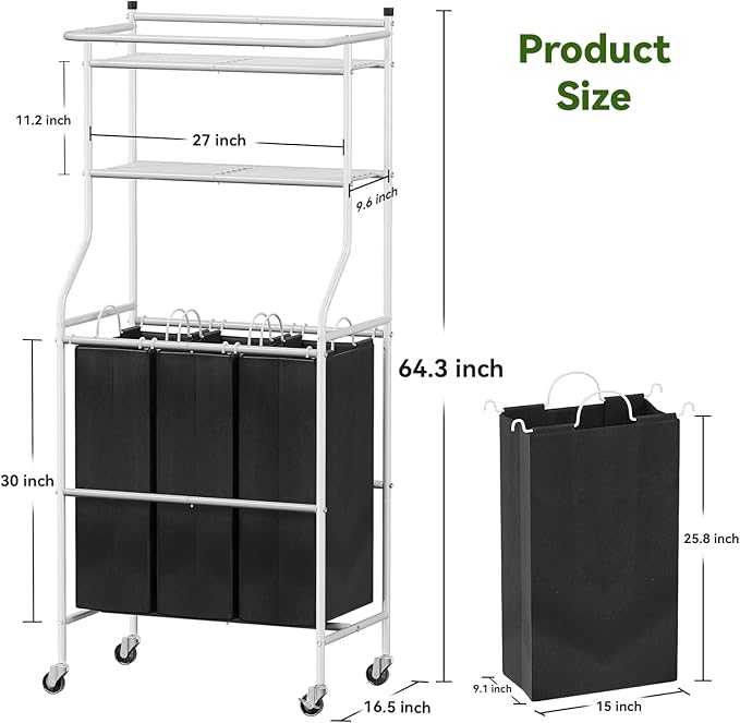 Laundry Sorter with Hanging Clothes Rack, Rolling Laundry Cart with Wheels & Shelf, 42 Gal (160L) 3 Section Basket Organizer, White
