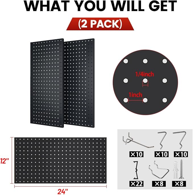 Pegboard, Metal Peg Board, 24x12 inch Black Pegboard with 38 Pcs Hooks, Sturdy Peg Board for Garage Tool Organization, Home & Office Wall Decoration (Black, 2 Pack)