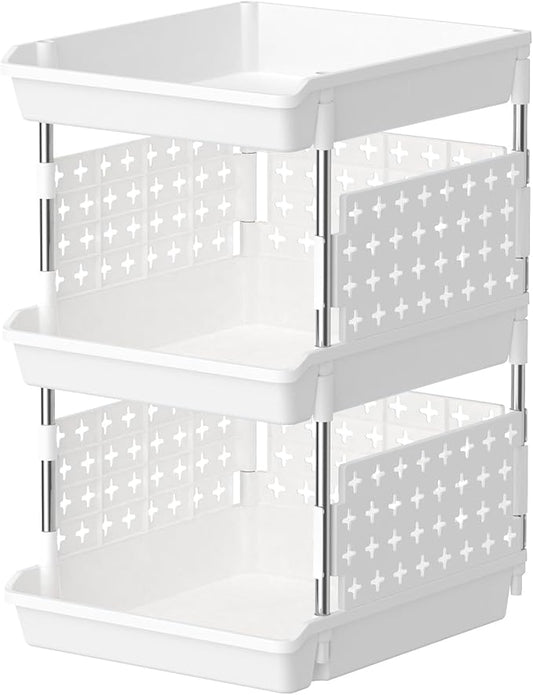 Lifewit Plastic Stackable Storage Baskets, 3 Tier Stacking Bins for Food and Clothes, Multifunctional Organizer for RV, Kitchen, Playroom, Pantry, White, 35 x 30 x 50 cm/14 x 12 x 20 inch, 1 Pack