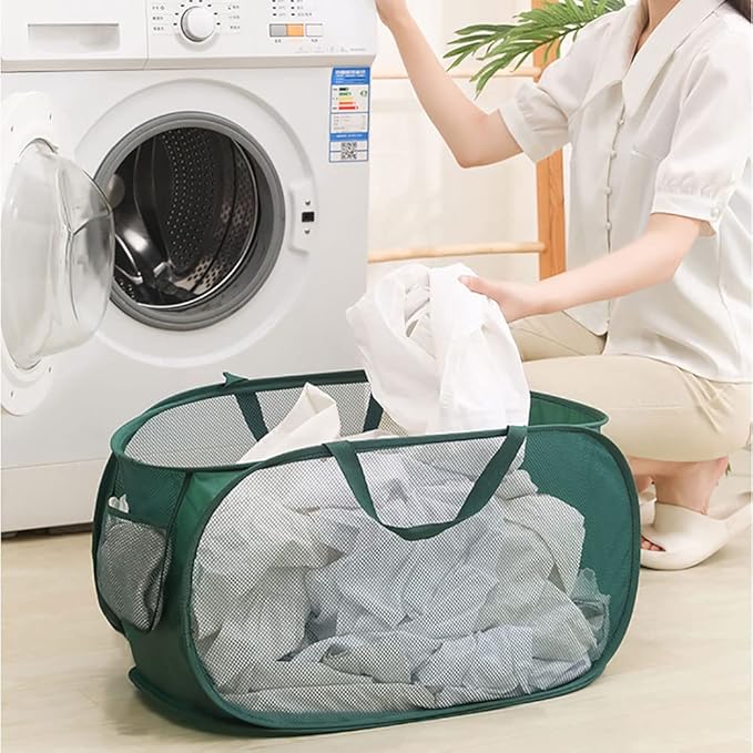 4 Piece Popup Mesh Laundry Basket Durable Handles Collapsible Laundry Baskets Folding Clothes Pastic Hamper for Laundry Room College Dorm (Green)