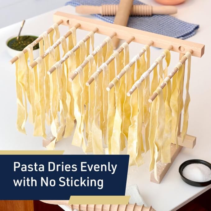 Pasta Drying Rack - Collapsible Spaghetti Holder with 8 Bars for Homemade Fresh Pasta - Wood Drying Rack for Spaghetti, Linguine, Fettucine, or Pappardelle - Kitchen Accessories by Classic Cuisine