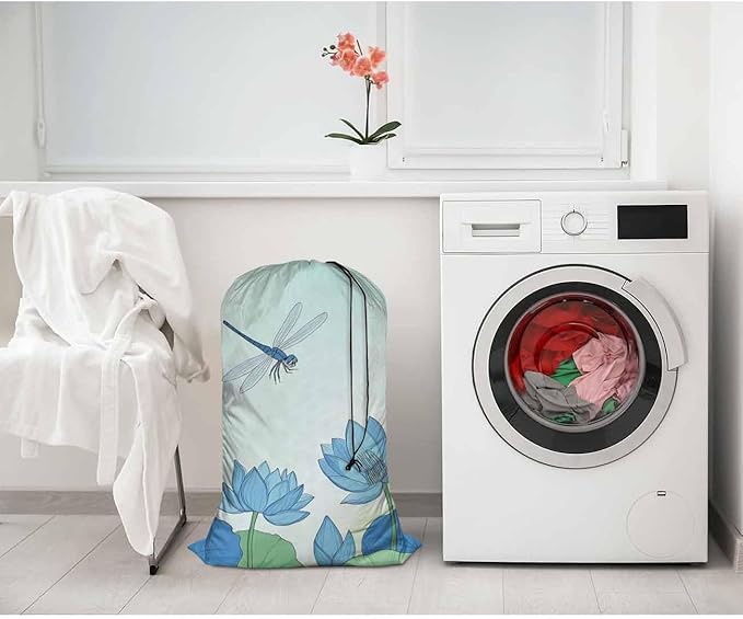 Swono Lotus Flower Laundry Bag with Strap Machine Washable Large Dirty Clothes Organizer Dragonfly Summer Floral Pond Blossom Botany Easy Fit Laundry Hamper or Basket, Carry Up to 4 Loads of Laundry