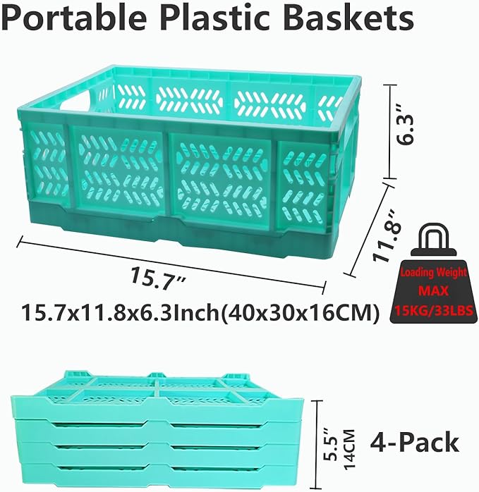 20L Folding Crates, 4Pack Plastic Storage Bins Organizer for Home and Office,Plastic Folding baskets,Collapsible Crates for Chrismas Gifts, Toys Storage. (Blue,15.7x11.8x6.3Inch)