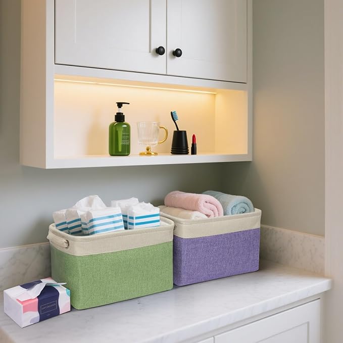 BALEINE 3 Pack Fabric Closet Storage Bins for Shelves, Linen Closet Organizers and Storage, Decorative Baskets for Organizing, Shelf, Clothes, Home, Office (Pink, 12"x8"x8")
