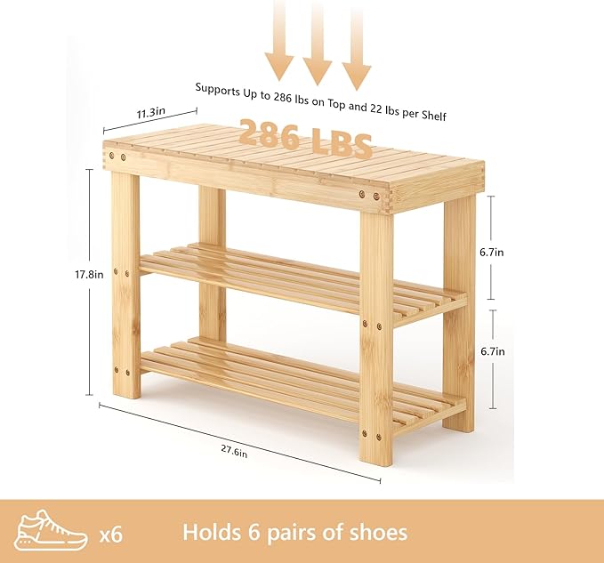 Sweetcrispy Shoe Rack Bench, 3-Tier Bamboo Entryway Storage Organizer, 286lb Capacity, Shoes Stand for Front Door Entrance, Bedroom, Living Room, Bathroom, Balcony, 11.3 x 27.6 x 17.8 Inches, Wood