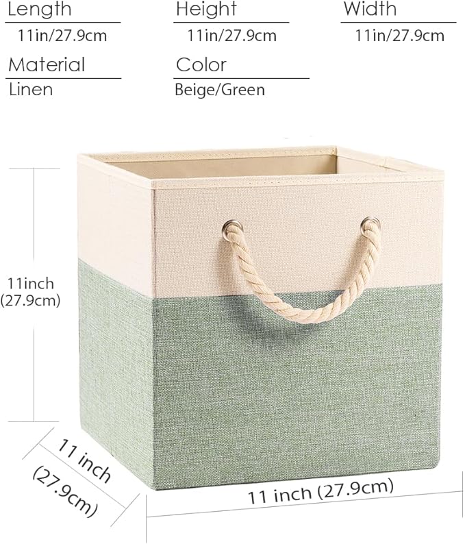 PRANDOM Large Foldable Cube Storage Bins 11x11 inch [4-Pack] Fabric Linen Storage Baskets Cubes Drawer with Cotton Handles Organizer for Shelves Nursery Closet Bedroom Beige/Green