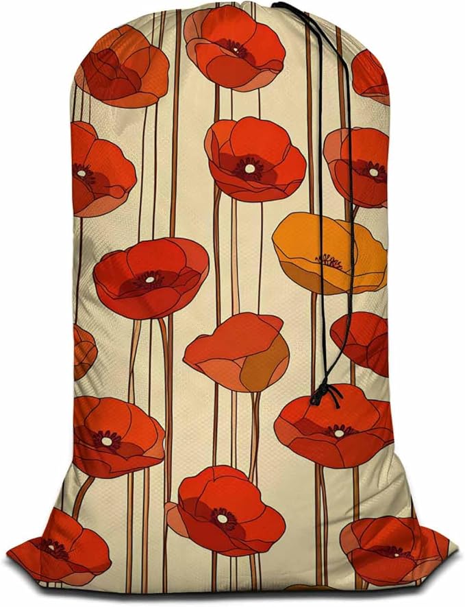 Swono Poppies Drawstring Laundry Bag Floral Pattern Bouquet Blooming Plant Oversize Storage/Travel Bag for Home or College - Measures 28 x 40 inches, Red