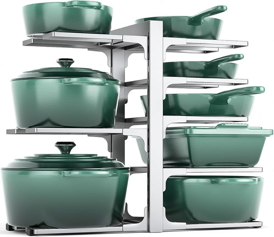 MUDEELA 8-Tier Pots and Pans Organizer under Cabinet, 15.83" Height Heavy Duty Pot Pan Organizer Kitchen Cabinet Organization and Storage, Adjustable Pot Rack for Frying Pan, Cast Iron Skillet, Sliver