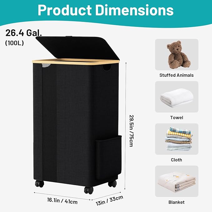 BlissTotes Laundry Basket Laundry Hamper with Lid, Collapsible Laundry Hampers, Laundry Bin, Clothes Hamper Basket with Internal Support & Wheels & Handles for Bathroom, Bedroom (100L, Black)