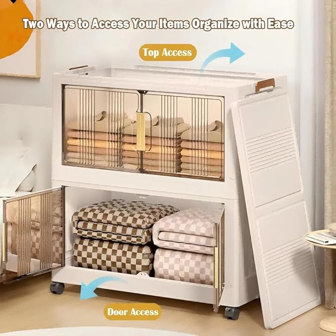 Storage Bins with Lids, 5 Tier 425 QT Stackable Plastic Storage Bins, Foldable Storages Boxes with Magnetic Doors and Wheels for Clothes, Snacks, Books, Folding Containers for Home Office