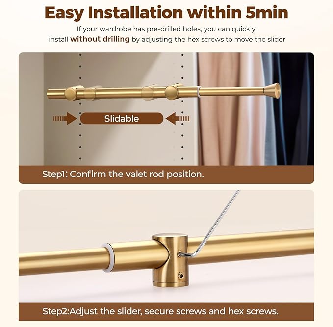 12" Pull-Out Valet Rod for Closet Organization, Add Extra Hanging Space 304 Stainless Steel Closet Rods, Space-Saving Design for Small Closets, Golden
