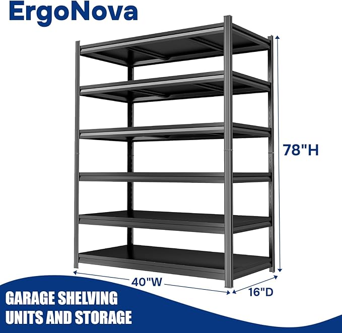 78''H Garage Shelving Heavy Duty Garage Storage Shelves, 3000 LBS Adjustable 5 Tier Industrial Shelving Unit, Metal Utility Shelf for Basement, Warehouse and Workshop (78'Hx40''Wx16"D, Black)