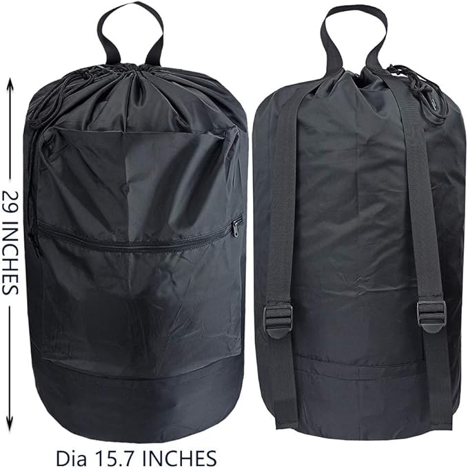 Washable Laundry Bag Backpack with Zipper Pocket, Heavy Duty Clothes Bag, 2 Strong Adjustable Shoulder Straps with Drawstring Closure for Travel, Camping or College, Black