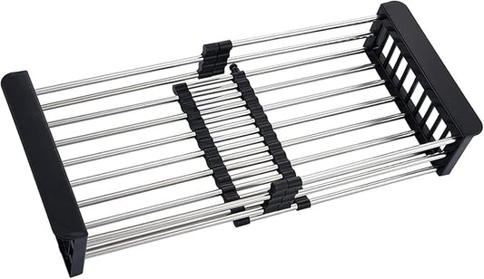 Over The Sink Dish Drying Rack, Stainless Steel Expandable Telescopic Drain Basket with Adjustable Arms - Functional Kitchen Sink Organizer for Dishes, Vegetables & Fruits (Large, Black)