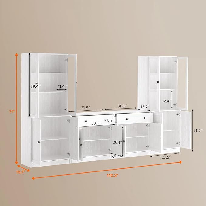 TUSY 71" TV Stand Storage Set - 2 Tall Bookcases & 2 Side Cabinets, Media Console with Glass & Wood Doors, Entertainment Center with Drawers, Tall Media Console for Living Room (White, AEEA)
