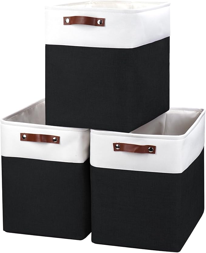 Bagnizer Large Fabric Storage Baskets | 50L Storage Bins, Decorative Linen Closet Baskets with Handles for Organizing, Shelf, Toys, Clothes, Home, Office, Nursery, 17x12x15Inches (Black&White)