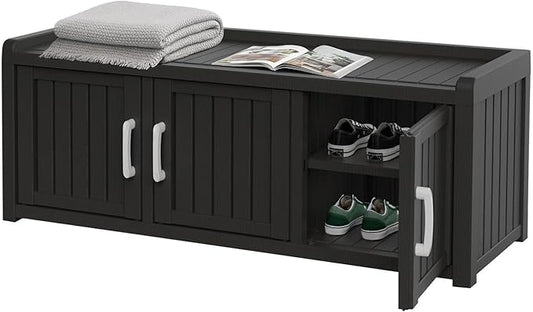 EasyUp Shoe Bench Entryway, Waterproof Resin Shoe Cabinet,Outdoor Shoes Storage Bench, 2-Tier Hallway Shoes Rack with Adjustable Shelves for Entryway, Living Room, Bedroom(Black,3 Door)