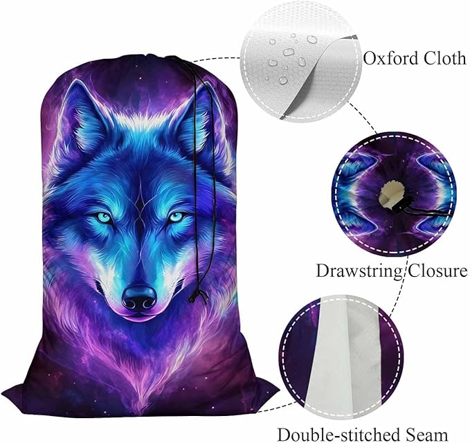 Swono Galaxy Wolf Drawstring Closure Dirty Clothes Bag Organizer, Heavy Duty Large Laundry Bag, Starry Sky Stars Constellation Outer Space Bags for Camp Travel, Machine Washable, Magical Purple