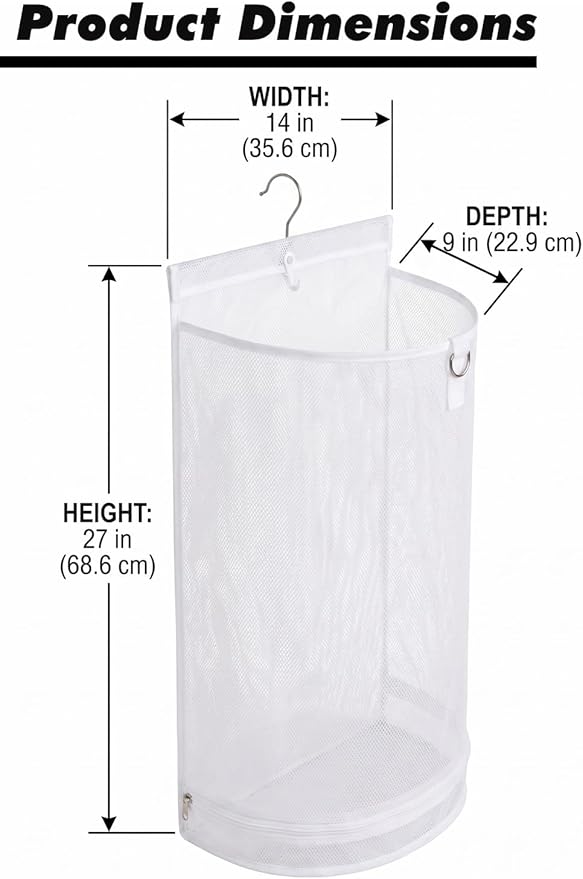 ALYER Hanging Semi Round Storage Mesh Bag,Collapsible Laundry Hamper Basket with Durable Hanger (White)