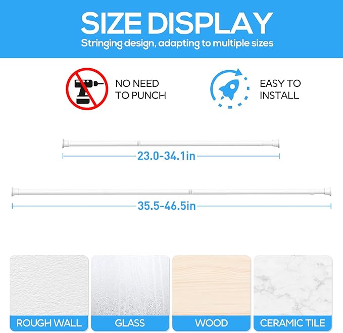 Spring Tension Rods 24-46 Inch, 2Pcs White Adjustable Tension Curtain Rod, Spring Curtain Rods No Drilling Expandable Pressure Spring Tension Rods for Curtains, Closet, Kitchen, Doorway