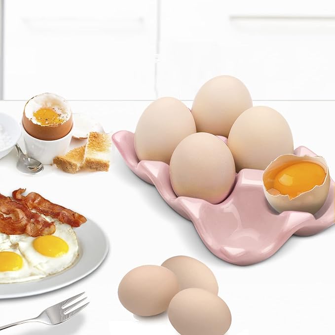 Flexzion Ceramic Egg Holder for Fridge - 6 Cups Egg Tray Half Dozen Porcelain Container Keeper Storage Organizer Decorative Serving Dish Serveware for Refrigerator Countertop Display Kitchen (Pink)