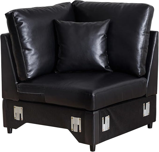 LEVNARY Modular Corner Chair, Faux Leather Upholstered Single Corner Seat for Sectional Sofas (Black)