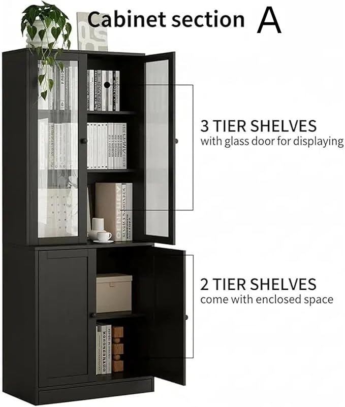TUSY 71" TV Stand Storage Set - 2 Tall Bookcases & 2 Side Cabinets, Media Console with Glass & Wood Doors, Entertainment Center with Drawers, Tall Media Console for Living Room (Black, AEEA)