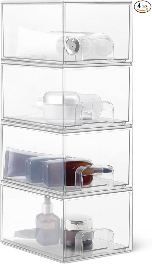 Amazon Basics Stackable Plastic Storage Makeup Organizer Drawers, Clear, 7.5" x 6" x 4.5", 4 Pack