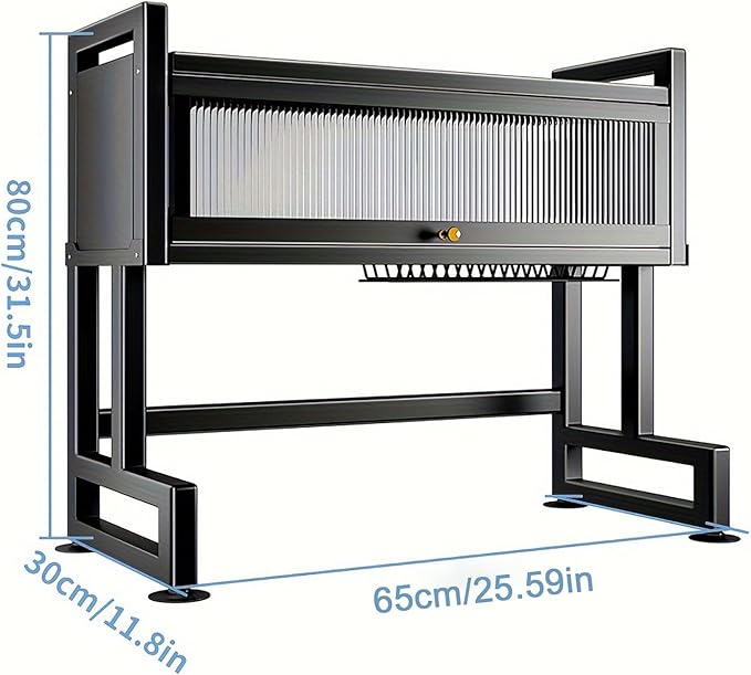 Over The Sink Dish Drying Rack, 3-Tier Dish Drying Rack with Cover, Large Sink Storage Organizer with Hooks and Clear Flip Door for Kitchen Counter, Black (25.5")