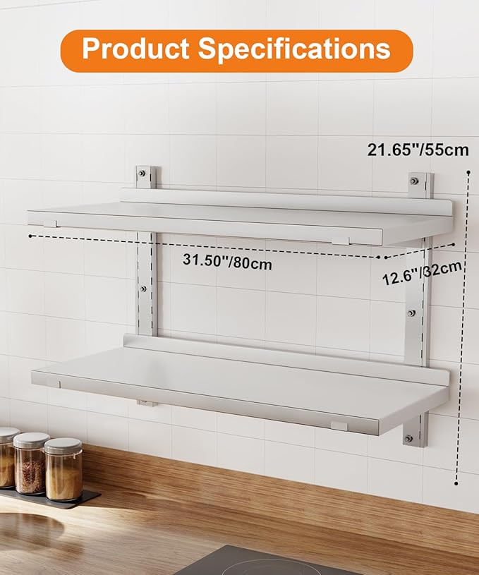 Stainless Steel Shelf, 31.5" x 12.6" Commercial Floating Wall Shelf with Brackets, 110Lbs Capacity, Adjustable Double-Layer Metal Heavy Duty Storage Rack for Restaurant, Kitchen Bar Home Hotel
