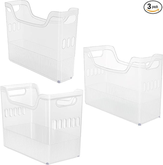 3 Pcs Plastic Freezer Organizer Bins with Wheel, Tall Narrow Pantry Organizer Kitchen Organization Rolling Bins Snack Storage Containers for Fridge, Cabinet, Bathroom, Office (3 Sizes)