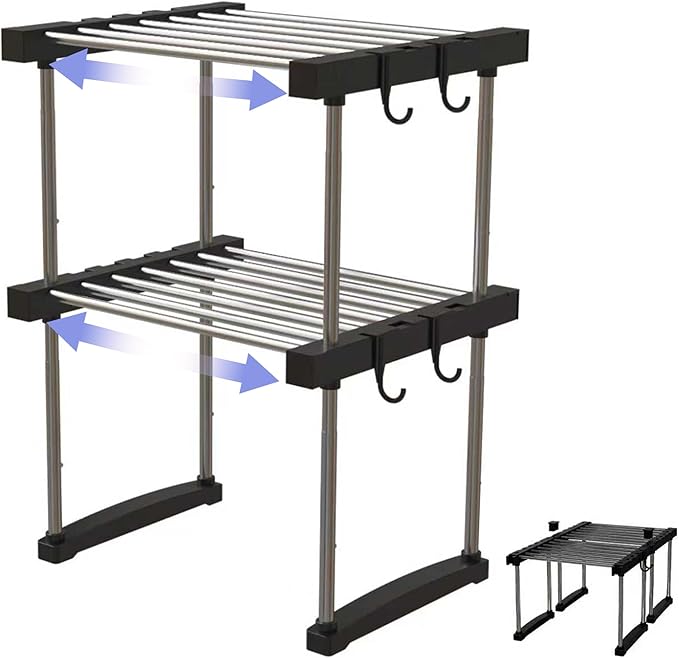 BLULEE Dual-Adjustable Cabinet Organizer Shelf,Expandable Width & Height Stackable Spice Rack with Snap-Lock,2-Tier Kitchen Organization and Storage for Under Sink,Countertop,Pantry,Black,2Pack