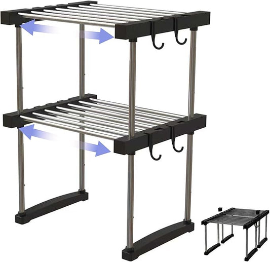BLULEE Dual-Adjustable Cabinet Organizer Shelf,Expandable Width & Height Stackable Spice Rack with Snap-Lock,2-Tier Kitchen Organization and Storage for Under Sink,Countertop,Pantry,Black,2Pack